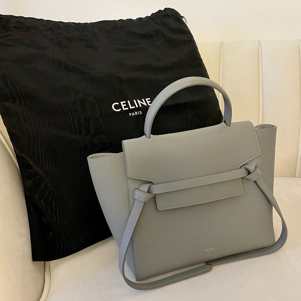 Celine Grained Calfskin Micro Belt Bag, Light Grey